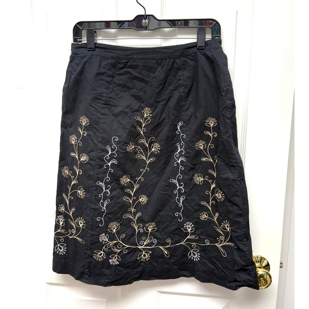 Willi Smith Skirt Black A Line Tan Embroidery, Cotton, Lined, Women's Size 4